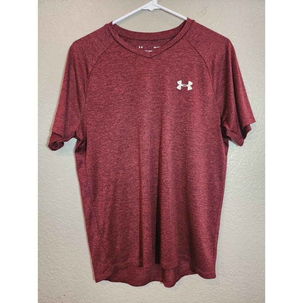 Under Armour The Tech Tee Mens Athletic Shirt Size S Maroon V-Neck Logo